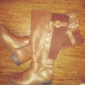BROWN BRUSHED FAUX LEATHER TALL BOOT (WIDE WIDTH &
